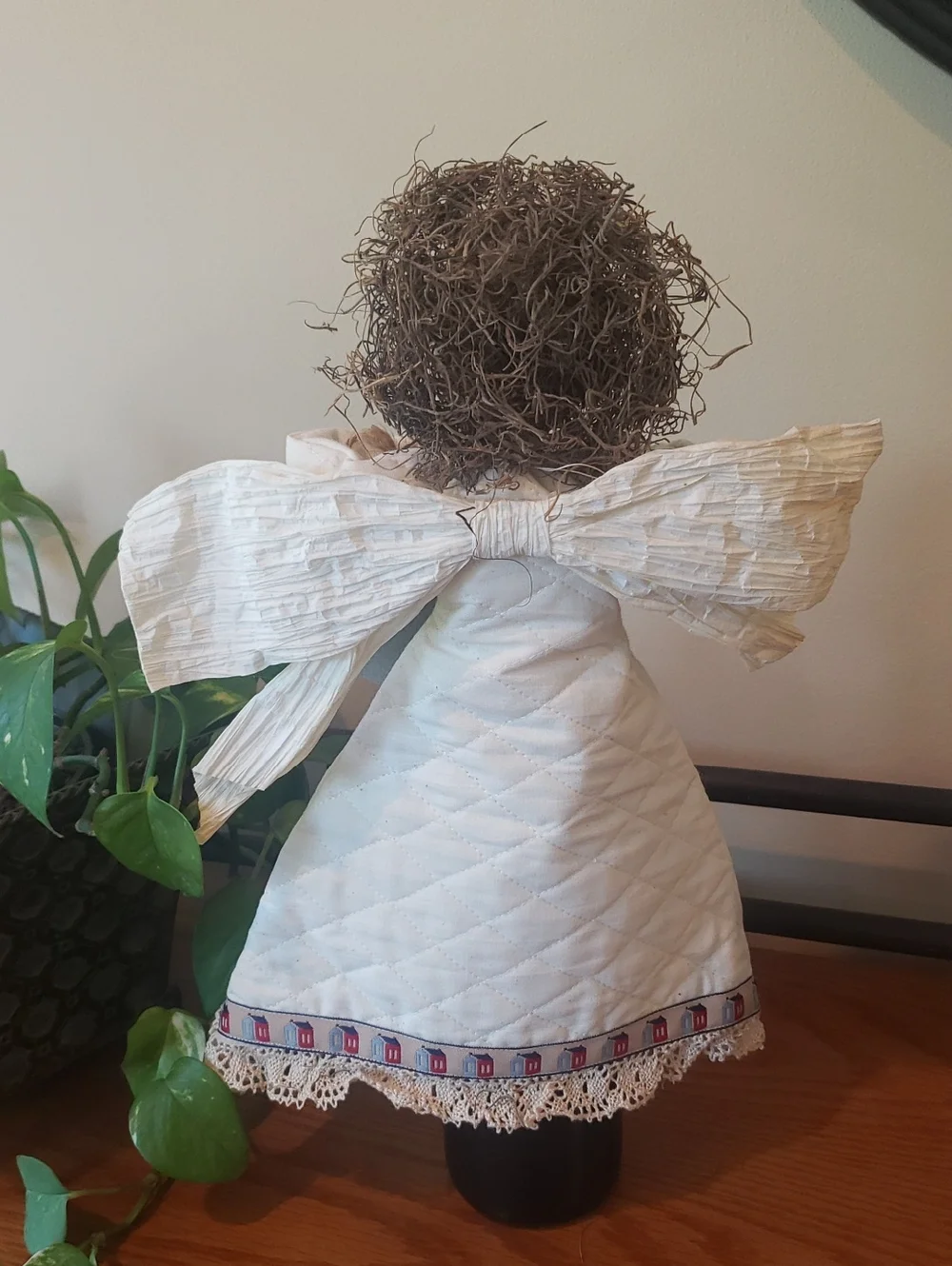 NWT Wine Bottle Cover/ Decor -Handcrafted Cream Angel with House Design